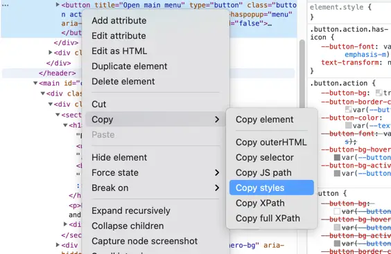 Copy element styles via DevTools