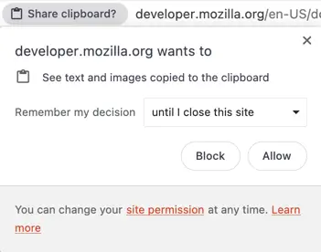 Browser's clipboard permission prompt