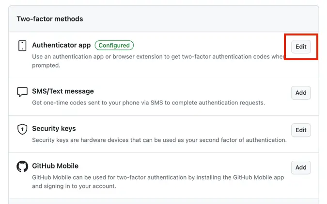 GitHub settings 2fa methods
