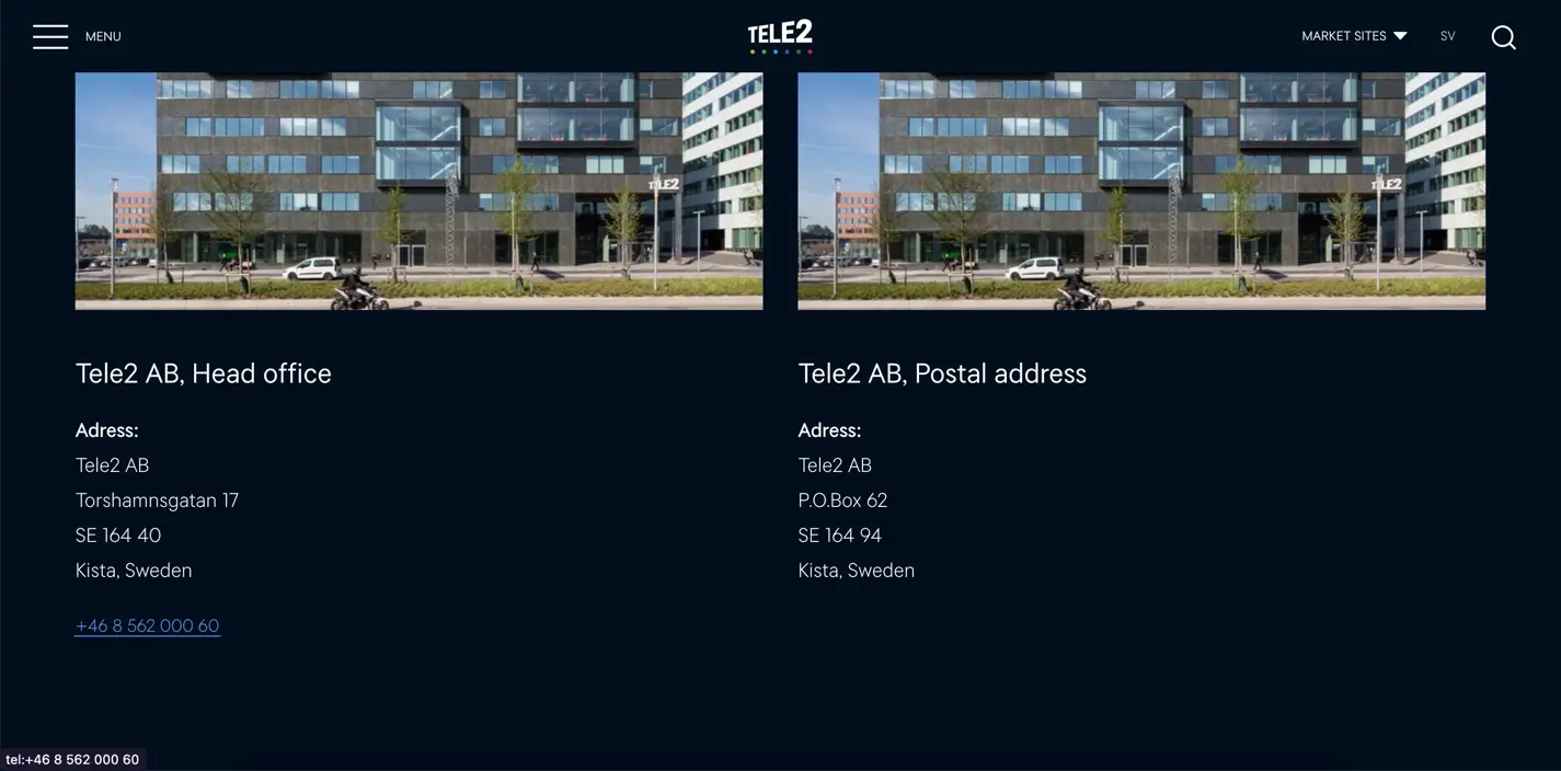 Tele2 contact page