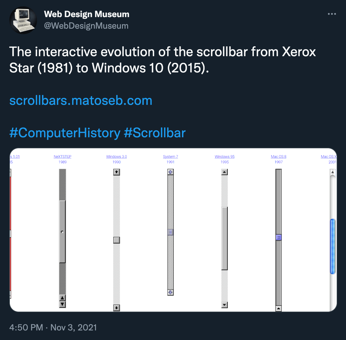 Web Design Museum scrollbars tweet
