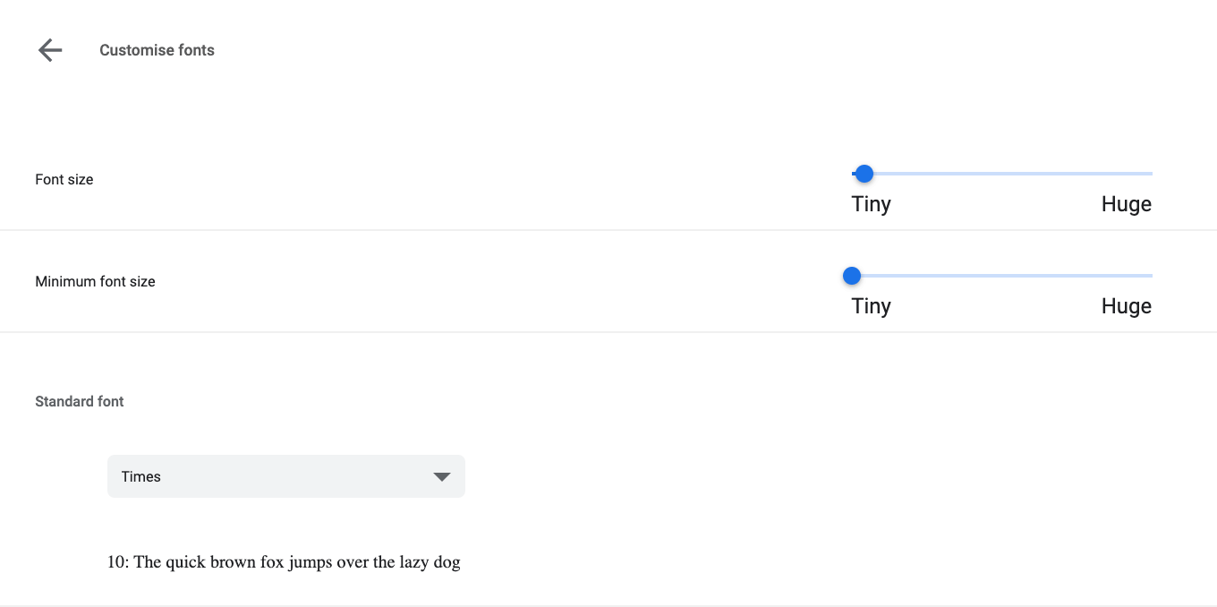 Chrome browser font size settings