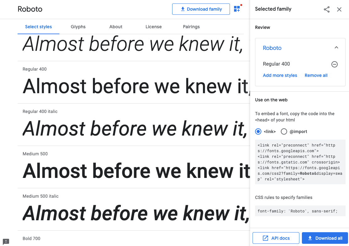 Google Fonts link code snippet