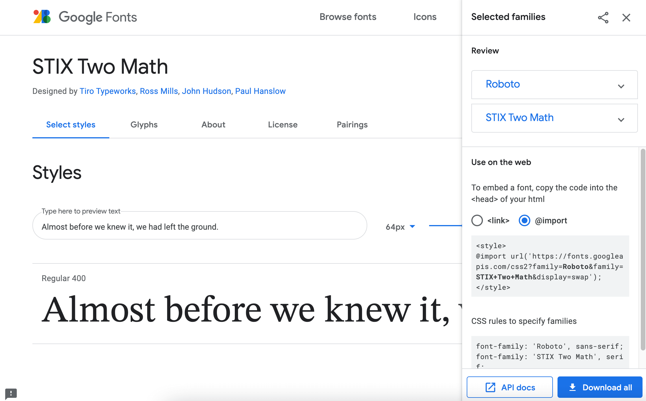 Google Fonts multiple import code snippet