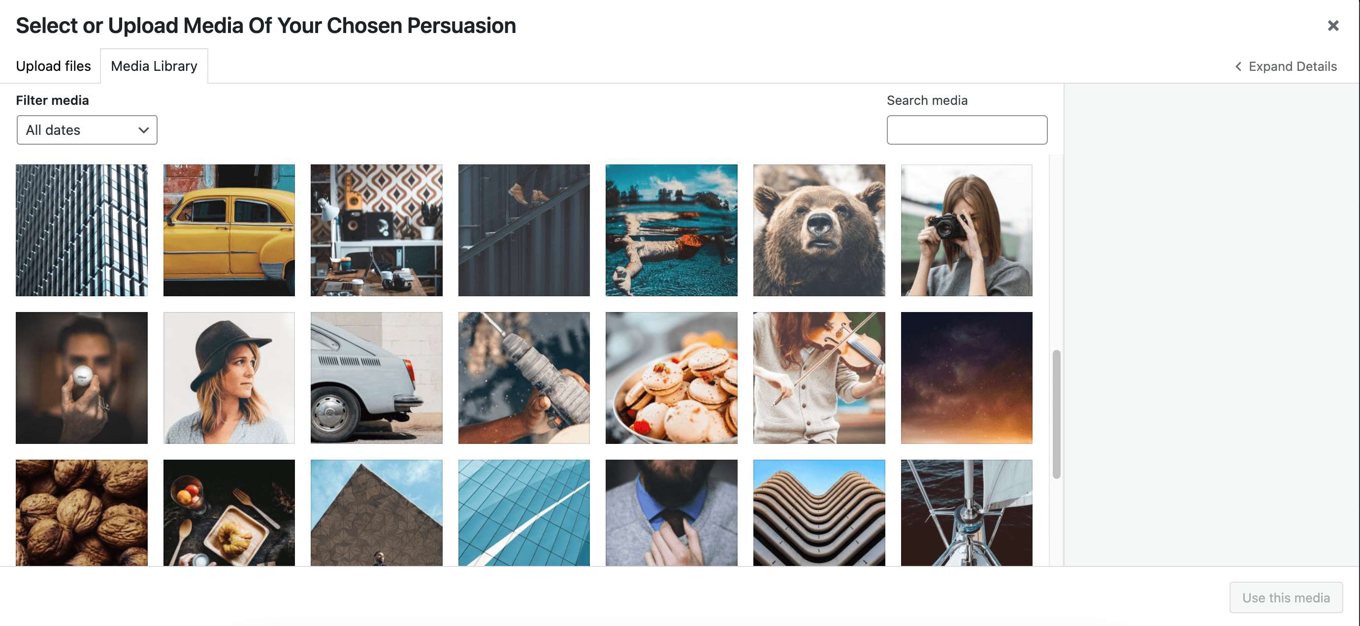 Default WordPress Media Library panel