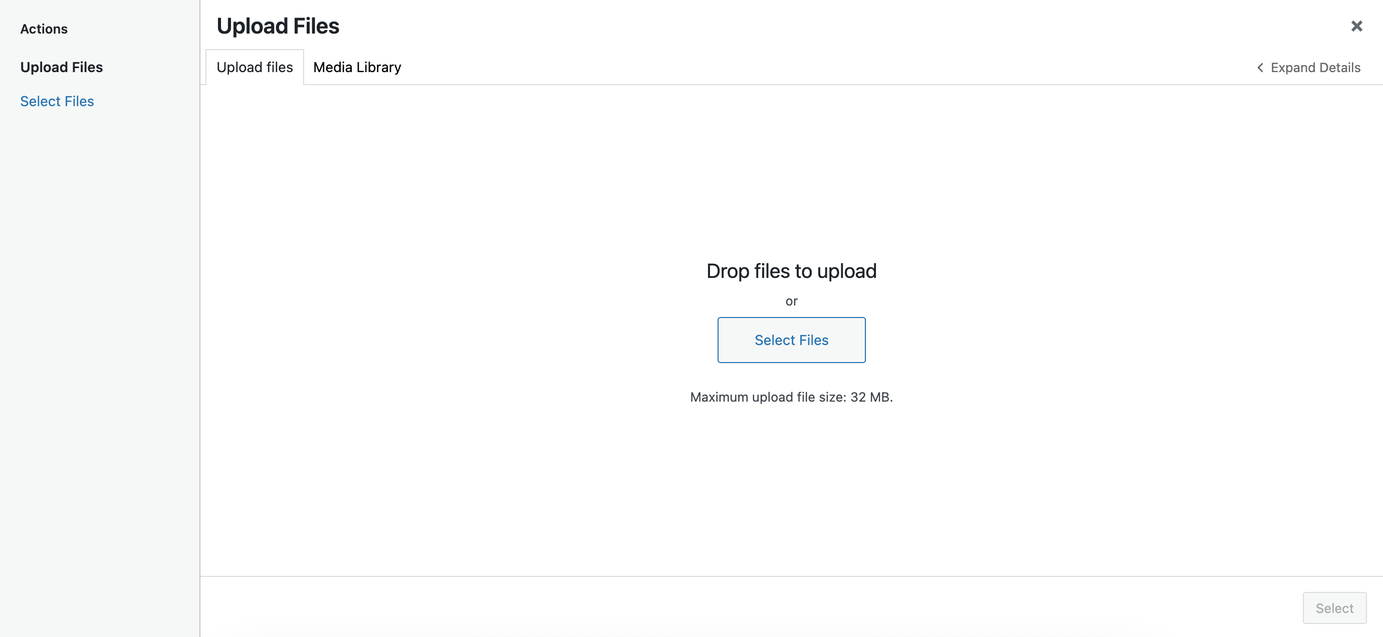 WordPress Media Library panel with different states toolbar