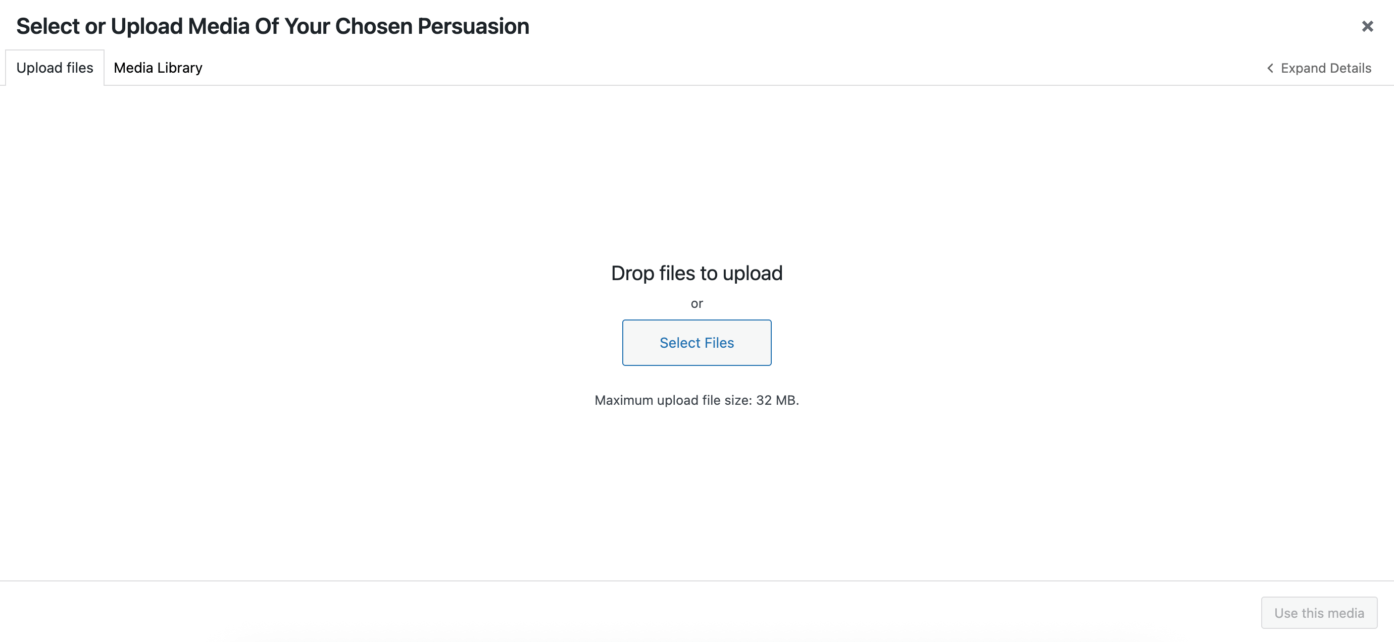 WordPress Media Library panel with active Upload tab